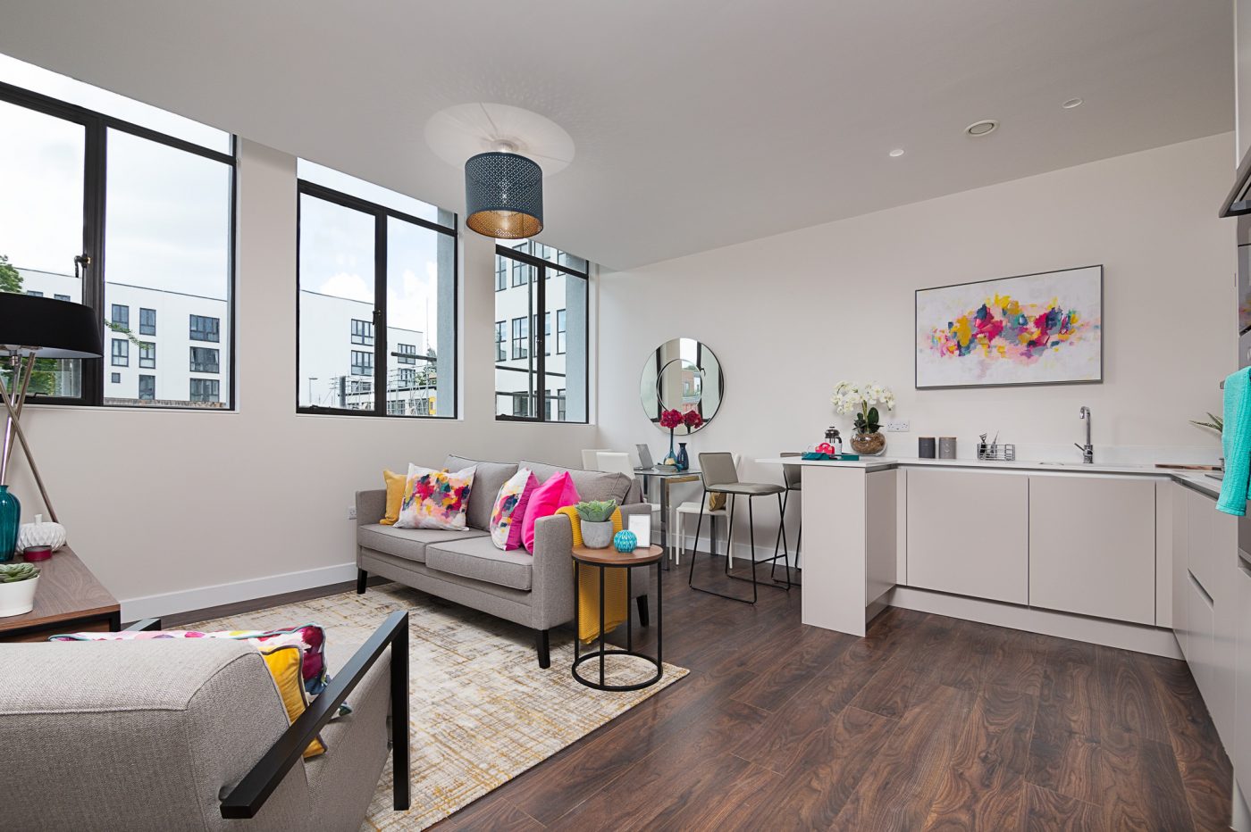 Apartment living room with tall windows
